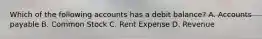 Which of the following accounts has a debit balance? A. Accounts payable B. Common Stock C. Rent Expense D. Revenue