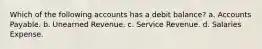 Which of the following accounts has a debit balance? a. Accounts Payable. b. Unearned Revenue. c. Service Revenue. d. Salaries Expense.