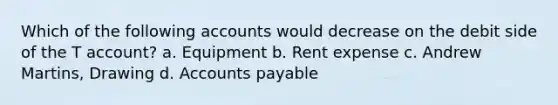 Which of the following accounts would decrease on the debit side of the T account? a. Equipment b. Rent expense c. Andrew Martins, Drawing d. Accounts payable