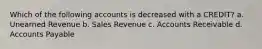 Which of the following accounts is decreased with a CREDIT? a. Unearned Revenue b. Sales Revenue c. Accounts Receivable d. Accounts Payable