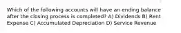 Which of the following accounts will have an ending balance after the closing process is completed? A) Dividends B) Rent Expense C) Accumulated Depreciation D) Service Revenue