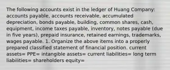 The following accounts exist in the ledger of Huang Company: accounts payable, accounts receivable, accumulated depreciation, bonds payable, building, common shares, cash, equipment, income taxes payable, inventory, notes payable (due in five years), prepaid insurance, retained earnings, trademarks, wages payable. 1. Organize the above items into a properly prepared classified statement of financial position. current assets= PPE= intangible assets= current liabilities= long term liabilities= shareholders equity=