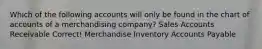 Which of the following accounts will only be found in the chart of accounts of a merchandising company? Sales Accounts Receivable Correct! Merchandise Inventory Accounts Payable