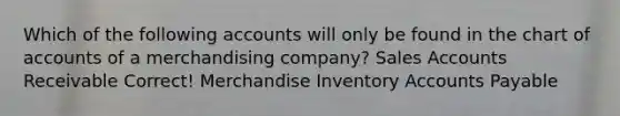 Which of the following accounts will only be found in the chart of accounts of a merchandising company? Sales Accounts Receivable Correct! Merchandise Inventory <a href='https://www.questionai.com/knowledge/kWc3IVgYEK-accounts-payable' class='anchor-knowledge'>accounts payable</a>