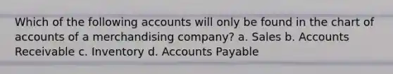 Which of the following accounts will only be found in the chart of accounts of a merchandising company? a. Sales b. Accounts Receivable c. Inventory d. Accounts Payable