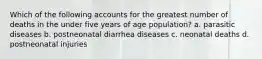 Which of the following accounts for the greatest number of deaths in the under five years of age population? a. parasitic diseases b. postneonatal diarrhea diseases c. neonatal deaths d. postneonatal injuries