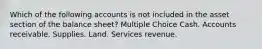 Which of the following accounts is not included in the asset section of the balance sheet? Multiple Choice Cash. Accounts receivable. Supplies. Land. Services revenue.