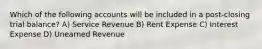 Which of the following accounts will be included in a post-closing trial balance? A) Service Revenue B) Rent Expense C) Interest Expense D) Unearned Revenue