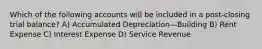 Which of the following accounts will be included in a post-closing trial balance? A) Accumulated Depreciation—Building B) Rent Expense C) Interest Expense D) Service Revenue