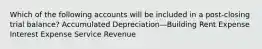 Which of the following accounts will be included in a post-closing trial balance? Accumulated Depreciation—Building Rent Expense Interest Expense Service Revenue