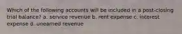 Which of the following accounts will be included in a post-closing trial balance? a. service revenue b. rent expense c. interest expense d. unearned revenue