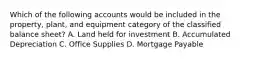 Which of the following accounts would be included in the​ property, plant, and equipment category of the classified balance​ sheet? A. Land held for investment B. Accumulated Depreciation C. Office Supplies D. Mortgage Payable