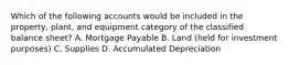 Which of the following accounts would be included in the​ property, plant, and equipment category of the classified balance​ sheet? A. Mortgage Payable B. Land​ (held for investment​ purposes) C. Supplies D. Accumulated Depreciation