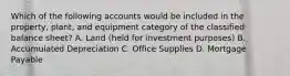 Which of the following accounts would be included in the​ property, plant, and equipment category of the classified balance​ sheet? A. Land​ (held for investment​ purposes) B. Accumulated Depreciation C. Office Supplies D. Mortgage Payable