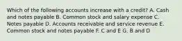 Which of the following accounts increase with a credit? A. Cash and notes payable B. Common stock and salary expense C. Notes payable D. Accounts receivable and service revenue E. Common stock and notes payable F. C and E G. B and D