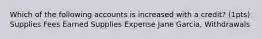 Which of the following accounts is increased with a credit? (1pts) Supplies Fees Earned Supplies Expense Jane Garcia, Withdrawals