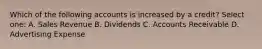 Which of the following accounts is increased by a credit? Select one: A. Sales Revenue B. Dividends C. Accounts Receivable D. Advertising Expense