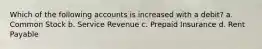 Which of the following accounts is increased with a debit? a. Common Stock b. Service Revenue c. Prepaid Insurance d. Rent Payable