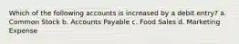 Which of the following accounts is increased by a debit entry? a. Common Stock b. Accounts Payable c. Food Sales d. Marketing Expense