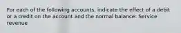 For each of the following accounts, indicate the effect of a debit or a credit on the account and the normal balance: Service revenue