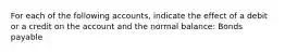 For each of the following accounts, indicate the effect of a debit or a credit on the account and the normal balance: Bonds payable