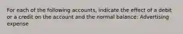 For each of the following accounts, indicate the effect of a debit or a credit on the account and the normal balance: Advertising expense