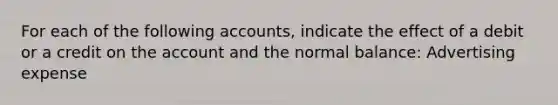 For each of the following accounts, indicate the effect of a debit or a credit on the account and the normal balance: Advertising expense