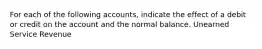 For each of the following accounts, indicate the effect of a debit or credit on the account and the normal balance. Unearned Service Revenue