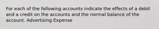 For each of the following accounts indicate the effects of a debit and a credit on the accounts and the normal balance of the account. Advertising Expense