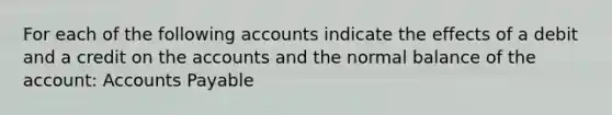 For each of the following accounts indicate the effects of a debit and a credit on the accounts and the normal balance of the account: <a href='https://www.questionai.com/knowledge/kWc3IVgYEK-accounts-payable' class='anchor-knowledge'>accounts payable</a>