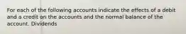 For each of the following accounts indicate the effects of a debit and a credit on the accounts and the normal balance of the account. Dividends