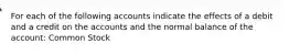 For each of the following accounts indicate the effects of a debit and a credit on the accounts and the normal balance of the account: Common Stock