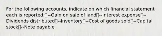 For the following accounts, indicate on which financial statement each is reported:--Gain on sale of land--Interest expense--Dividends distributed--Inventory--Cost of goods sold--Capital stock--Note payable