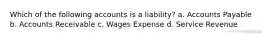 Which of the following accounts is a liability? a. Accounts Payable b. Accounts Receivable c. Wages Expense d. Service Revenue