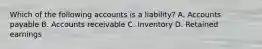 Which of the following accounts is a liability? A. Accounts payable B. Accounts receivable C. Inventory D. Retained earnings