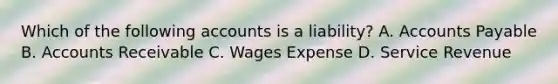 Which of the following accounts is a liability? A. Accounts Payable B. Accounts Receivable C. Wages Expense D. Service Revenue