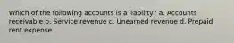 Which of the following accounts is a liability? a. Accounts receivable b. Service revenue c. Unearned revenue d. Prepaid rent expense