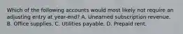 Which of the following accounts would most likely not require an adjusting entry at year-end? A. Unearned subscription revenue. B. Office supplies. C. Utilities payable. D. Prepaid rent.