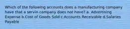 Which of the following accounts does a manufacturing company have that a servin company does not have? a. Advertising Expense b.Cost of Goods Sold c.Accounts Receivable d.Salaries Payable