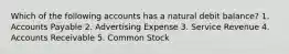 Which of the following accounts has a natural debit balance? 1. Accounts Payable 2. Advertising Expense 3. Service Revenue 4. Accounts Receivable 5. Common Stock