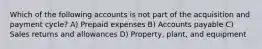 Which of the following accounts is not part of the acquisition and payment cycle? A) Prepaid expenses B) Accounts payable C) Sales returns and allowances D) Property, plant, and equipment