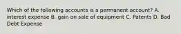 Which of the following accounts is a permanent account? A. interest expense B. gain on sale of equipment C. Patents D. Bad Debt Expense