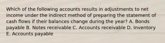 Which of the following accounts results in adjustments to net income under the indirect method of preparing the statement of cash flows if their balances change during the year? A. Bonds payable B. Notes receivable C. Accounts receivable D. Inventory E. Accounts payable