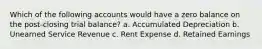 Which of the following accounts would have a zero balance on the post-closing trial balance? a. Accumulated Depreciation b. Unearned Service Revenue c. Rent Expense d. Retained Earnings