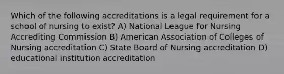 Which of the following accreditations is a legal requirement for a school of nursing to exist? A) National League for Nursing Accrediting Commission B) American Association of Colleges of Nursing accreditation C) State Board of Nursing accreditation D) educational institution accreditation