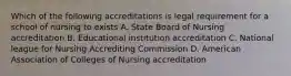 Which of the following accreditations is legal requirement for a school of nursing to exists A. State Board of Nursing accreditation B. Educational institution accreditation C. National league for Nursing Accrediting Commission D. American Association of Colleges of Nursing accreditation