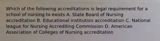 Which of the following accreditations is legal requirement for a school of nursing to exists A. State Board of Nursing accreditation B. Educational institution accreditation C. National league for Nursing Accrediting Commission D. American Association of Colleges of Nursing accreditation