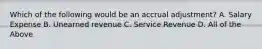 Which of the following would be an accrual adjustment? A. Salary Expense B. Unearned revenue C. Service Revenue D. All of the Above