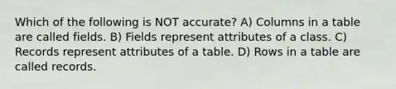 Which of the following is NOT accurate? A) Columns in a table are called fields. B) Fields represent attributes of a class. C) Records represent attributes of a table. D) Rows in a table are called records.