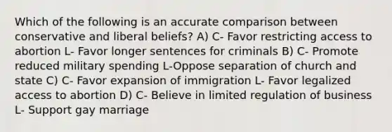 Which of the following is an accurate comparison between conservative and liberal beliefs? A) C- Favor restricting access to abortion L- Favor longer sentences for criminals B) C- Promote reduced military spending L-Oppose separation of church and state C) C- Favor expansion of immigration L- Favor legalized access to abortion D) C- Believe in limited regulation of business L- Support gay marriage